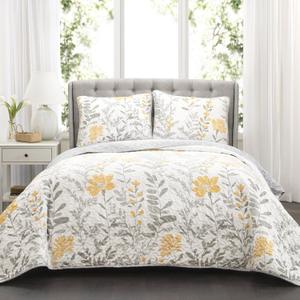 Lush Decor Aprile Reversible Floral Quilt King Size 3 Piece Set King, Yellow & Gray - Bedding Set - Floral Quilt - Cottage Bedroom Dcor