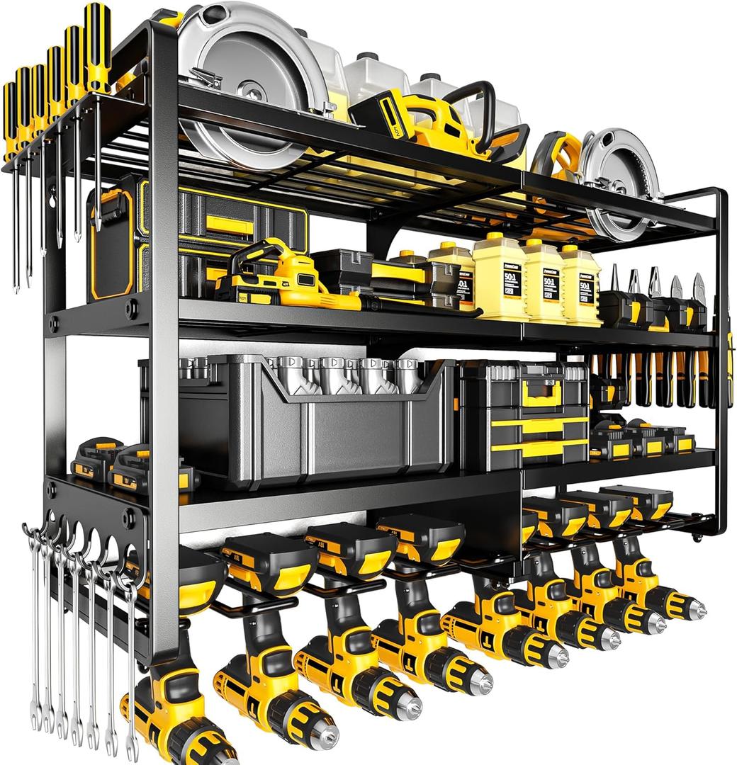 POKIPO Large Power Tool Organizer Wall Mount,4 Layers Heavy Duty Metal Loads 400lbs,Power Tool Shelf Battery Storage with 8 Cordless Drill Holder,Utility Racks for Garage Workshop (Black)