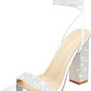 Women's Sparkly Rhinestones Sandals for Women Ankle Strappy Chunky Block Heels Sandals
, Size 7.5