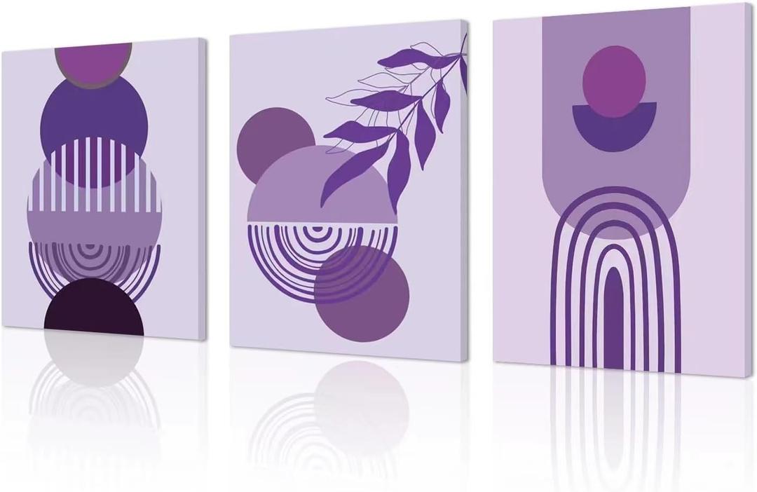 Framed Canvas Boho Wall Art Set of 3 Mid Century Modern 12"X16"Minimalist Wall Art Purple Neutral Abstract Geometric Prints Room Posters for Hang Bedroom Living Room
