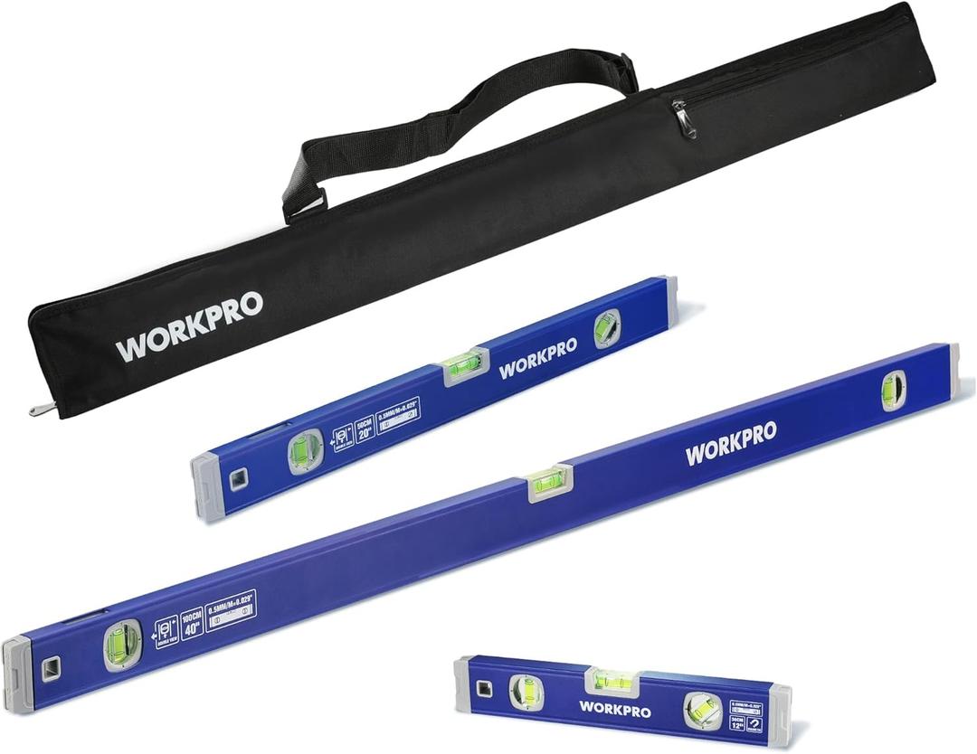 WORKPRO 3-Piece Spirit Level Set (12", 20", 40") with 12" Magnetic Torpedo Level, 45/90/180 Bubbles Measuring, Open Top View Design, Aluminum Alloy Levels with Carrying Bag