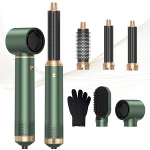 5 in 1 Blow Dryer Brush, Negative Ion Hair Dryer Brush Set Upgrade Hot Air Brush Air Styler Curling Wrap Air Curler, Curling Iron Hair Styling Tools As A Gift for Straight/Curl/Drying/Smoothing (Green Gold)
