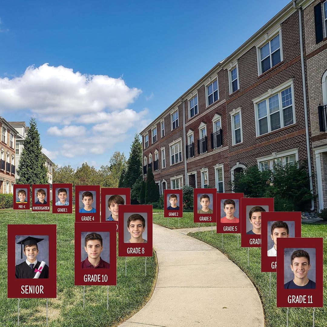 14 Pcs Graduation Yard Sign K-12 Photo Display Yard Sign with Stakes 12" x 18" Class of 2026 School Years Pictures Frames Lawn Decoration for Graduation Party Decor(Solid Color,Red), 18 x 12 inches , 15 inches