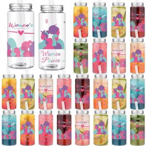 Skylety 24 Pcs Women's History Month Gifts Bulk International Women's Day 14 oz Plastic Cup with Lids and Straws Inspirational Reusable Cups Whm Feminism Woman Power Gift for March Offices Female