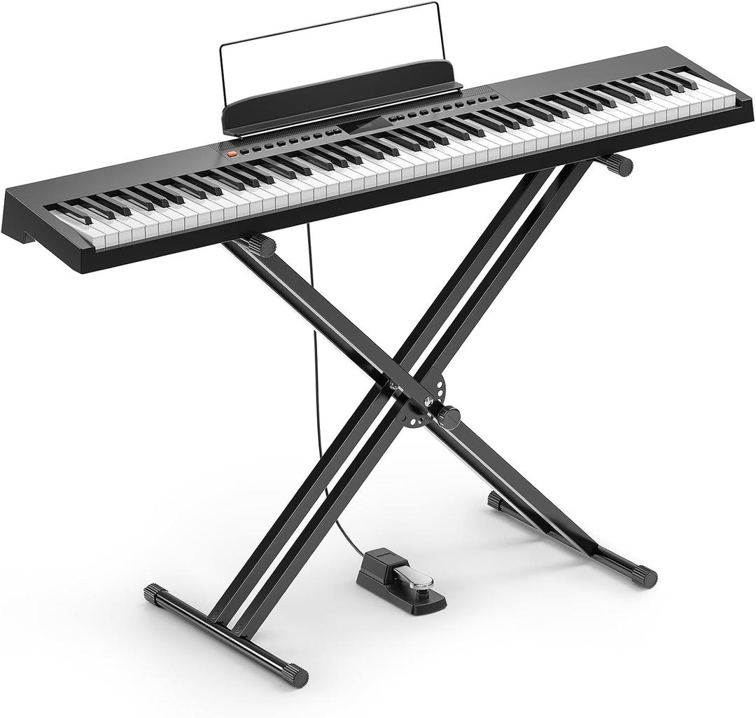 Donner DEP-05 Digital Piano 88 Key Semi Weighted Velocity-Sensitive Keyboard, Portable Electric Piano Keyboard Set with Detachable X-shaped Stand Pedal Stickers, Gifts for Beginners Women Girls, Black, Compact