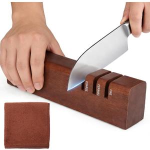 3-Stage Knife Sharpener, Carborundum+Ceramic+Tungsten Steel, 8.3"x1.6"x2" Professional Chef & Pocket Knife Sharpener with Premium Cleaning Cloth, Non-Slip Base, Universal for Kitchen/Outdoor Knives