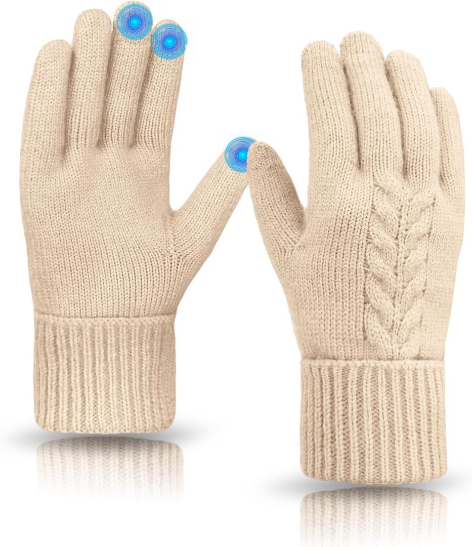 Winter Gloves Women Warm Thin Fleece Thermal Knit Elastic Touch Screen Gloves for Cold Weather Gifts Folding Cuffs (Beige) (Beige)
