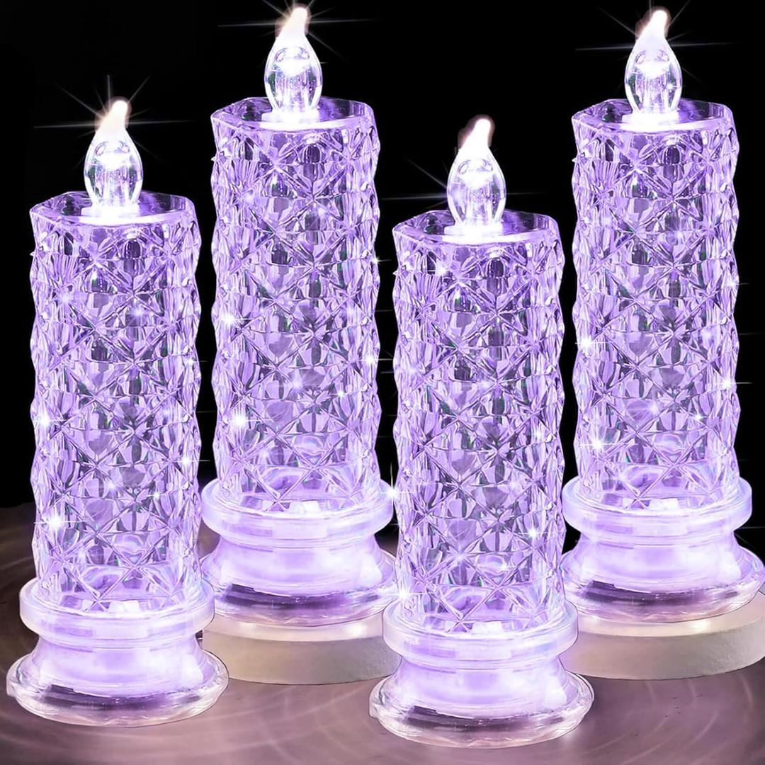 SupBri LED Candles, 4Pack Battery Operated Candles with Rose Light Halo, Romantic Flameless Pillar Candles for Valentines Halloween Decorations(Purple, D 2.5" x H 7.2")