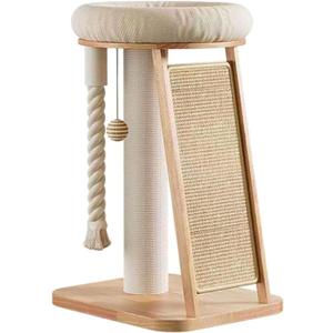 SHENGOCASE Modern Natural Wood Cute Multifunctional Cat Tree Tower Small, Large Top Perch Bed, Sisal Scratching Post, Tilted Angled Ramp Scratcher, Climbing Rope Toy
