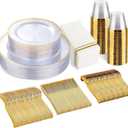 175 PCS Clear and Gold Plastic Plates, Plates Disposable Heavy Duty for 25 Guests, Disposable Plates for Party and Wedding, Party Plates and Cups and Napkins Sets, Plastic Plates Disposable