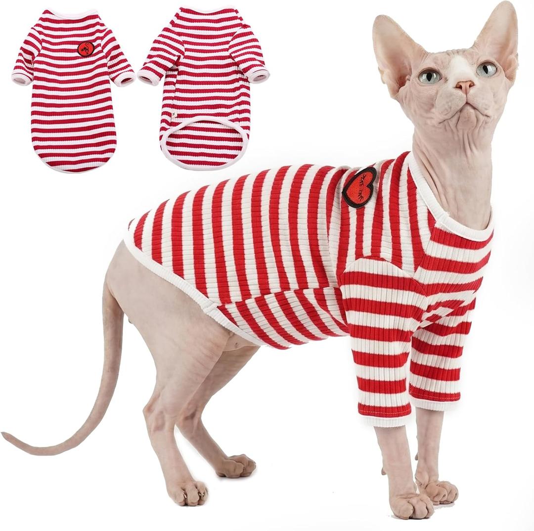 DENTRUN Hairless Cats Shirt Breathable Cat Daily Wear Clothes Stripe Vest Adorable Pajamas Jumpsuit Soft & Skin-Friendly (Large, Red/Long Sleeve)