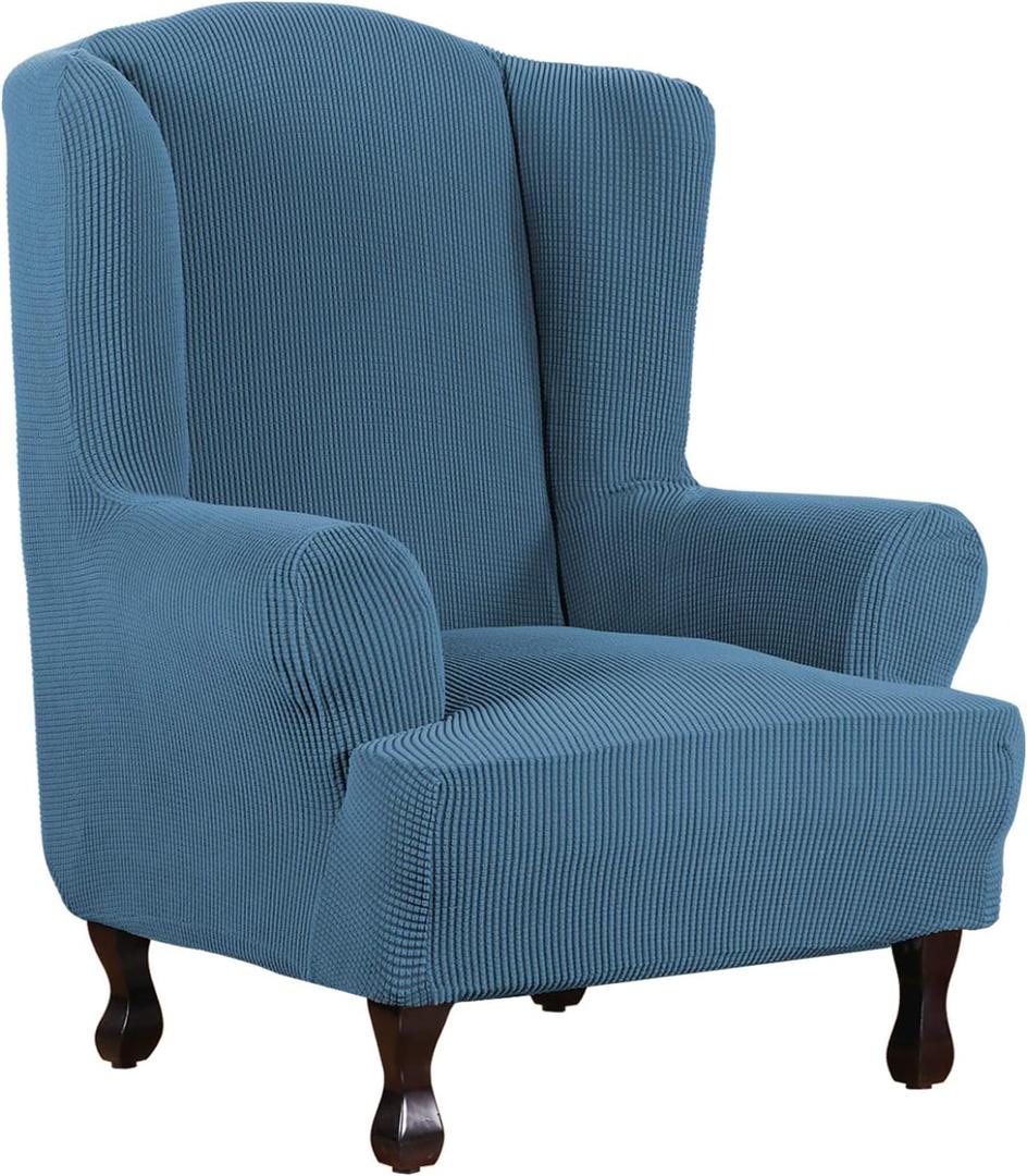 H.VERSAILTEX Wing Chair Slipcover Chair Covers for Wingback Chairs Wingback Chair Covers Slipcovers 1 Piece Stretch Sofa Cover Furniture Protector Soft Spandex Jacquard Checked Pattern, Dusty Blue
