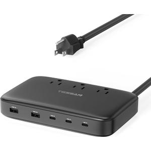 PD 130W Charging Station for Multiple Devices, TESSAN 8-in-1 USB C Charger Block Compatible with iPhone 17/16/15, MacBook, Tablet, Charging Dock with 3 USB-C, 2 USB-A & 3 AC, Home Office Accessories