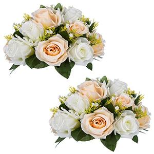 NUPTIO Artificial Flower Centerpieces for Tables: Peachy Champagne & White Flower Ball Arrangement for Wedding Party - 2 Pcs 9.5 Inch Diameter Floral Rose for Bridal Shower Decor
