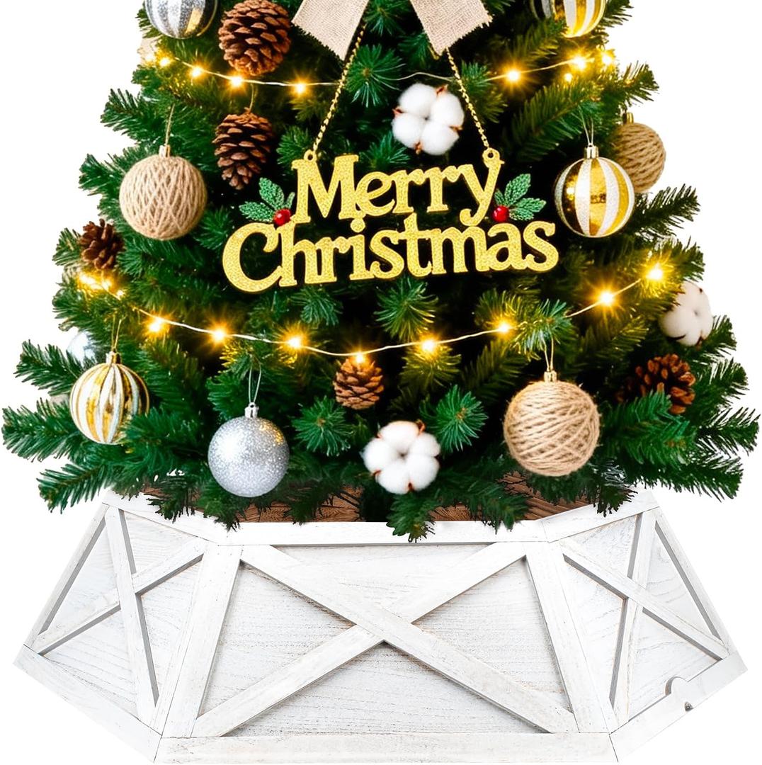 28in Extra Large Wood Christmas Tree Collar,White Wooden Hexagon Tree Base Cover for Artificial Tree,Vintage Rustic Farmhouse Tree Skirt Box for 4-7.5ft Tree,Fit 27'' Tree Stand