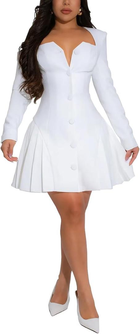 acelyn Womens Sexy Square V Neck Short Wedding Dresses Long Sleeve Button A-Line Pleated Blazer Club Party Mini Dress White S