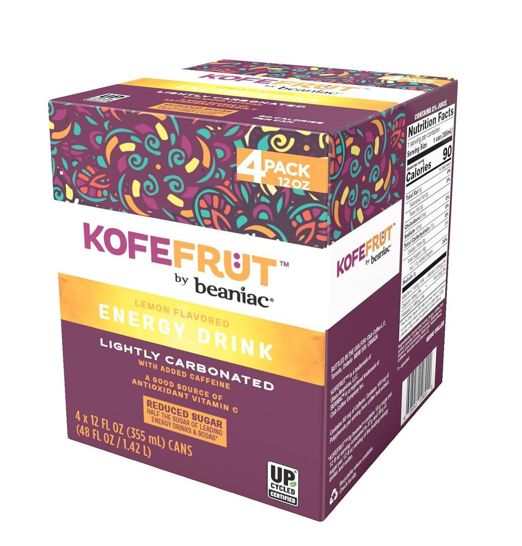KOFEFRUT by beaniac Caffeinated Energy Drink, Lemon, Lightly Carbonated, Reduced Sugar, 80mg Caffeine, Polyphenols, Antioxidants, Vitamin C, 12 Fl Oz Can (Pack of 4) (EXP 08/31/26)