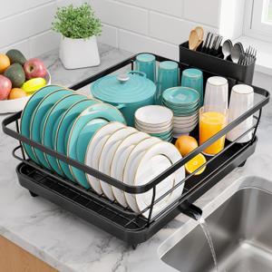 Stainless Steel Dish Drying Rack for Kitchen Counter, Sink Organization and Storage Essentials with Silverware & Utensil Holder, Home and Apartment Decor, 12''W x 15.5''L, Black