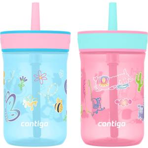 Contigo Leighton Kids Plastic Water Bottles Spill-Proof Tumblers with Straw Dishwasher Safe 14oz 2-Pack in Blue Raspberry/Butterflies & Azalea/Llamas Themes - Ideal for Toddlers and Older Kids