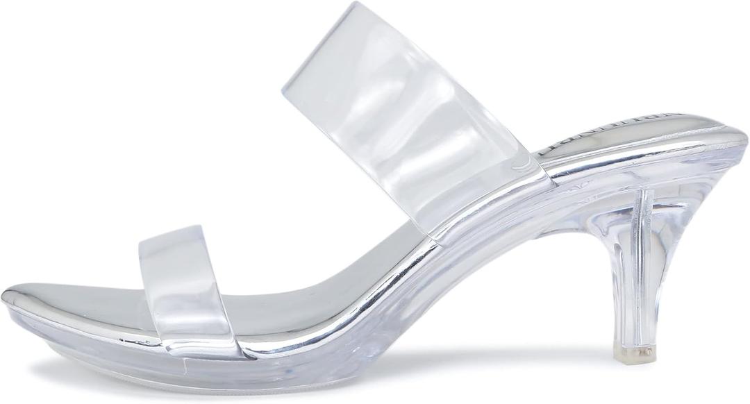 NBUUNBU Clear Heels for Women Silver Black Heels Little Platform Sexy High Heels Sandals Stiletto Kitten Open Toe Dress Shoes Comfortable Double Transparent Strap Heeled Sandals Mule, 42