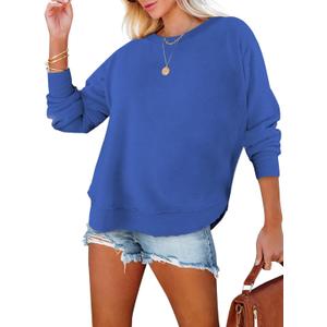 EVALESS Sweatshirt for Women Crewneck Long Sleeve Side Split Tops Casual Solid Color Loose Pullover Shirts 2026 Clothes (XX-Large, Blue)