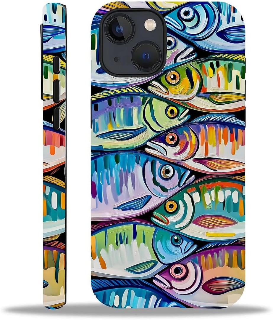 Case for iPhone 14(Compatible with MagSafe),Soft TPU+Hard Acrylic 2-in-1 Matte Phone Cover for Men,Shockproof Anti-Scratch Protective Case for iPhone 14-Oil Painting Fish