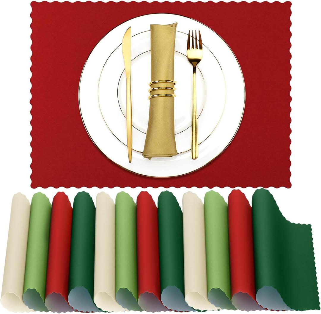 Panelee 120 Pcs Christmas Disposable Paper Placemats 10 x 14 in Red Green White Paper Place Mats with Wavy Scalloped Edge Santa Party Table Mats for Xmas Holiday Table Decor Home (Classic Color)