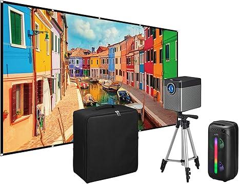 iLive Cinema Pop-Up Film Kit, 720p Projector with 120 Inch Screen, Bluetooth 5.0 Speaker, HDMI/USB/3.5mm, Black, Portable Theater, 21.5 x 17 x 19 cm