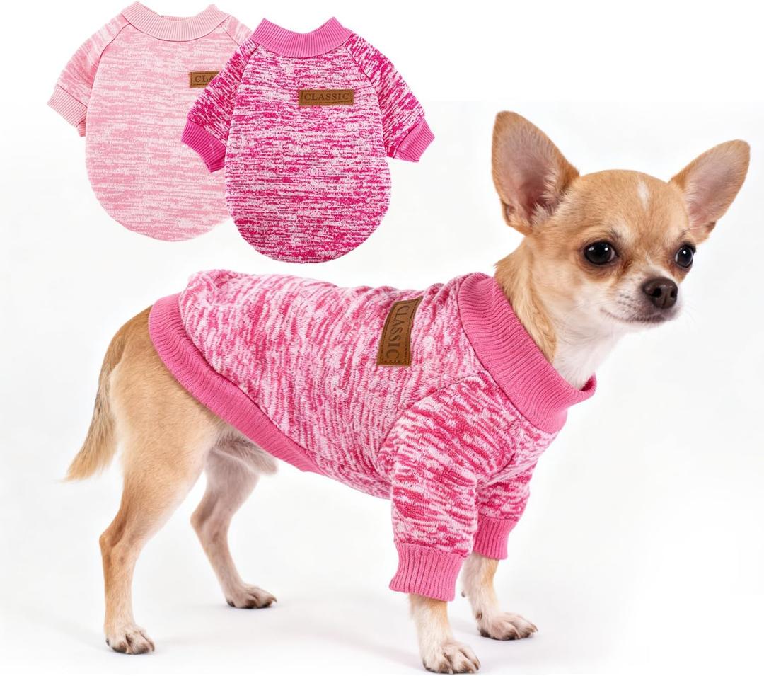 hoyuwak 2 PCS Dog Sweaters for Small Dogs Warm Winter Fall Knit Puppy Sweater Pet Girl Thick Clothes for Chihuahua Yorkie (pink and rose red)