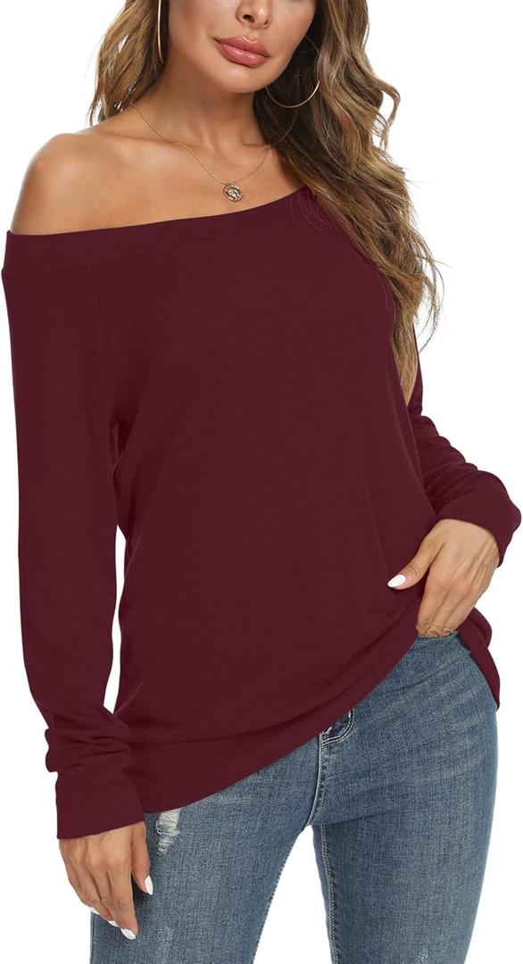 Women's Cute Sexy Off Shoulder Blouses Long Sleeve Boat Neck Tunics Tops (Small, Red)