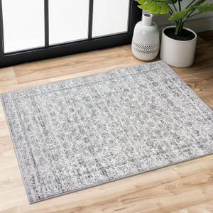 2x3 Washable Rugs Grey Blue White Small Area Rug for Entryway, Soft Non-Slip Indoor Door Mat Distressed Floral Low-Pile Neutral Vintage Carpet for Dorm Entrance Bedside Farmhouse