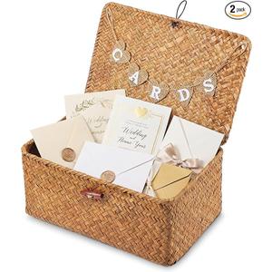 Geelin Sea Grass Wedding Card Basket With Letter Flag Decorative Wedding Card Woven Post Box Suitable For Baby Showers Birthdays Graduation Ceremonies Bridal Showers(Natural Color,11 Inch)