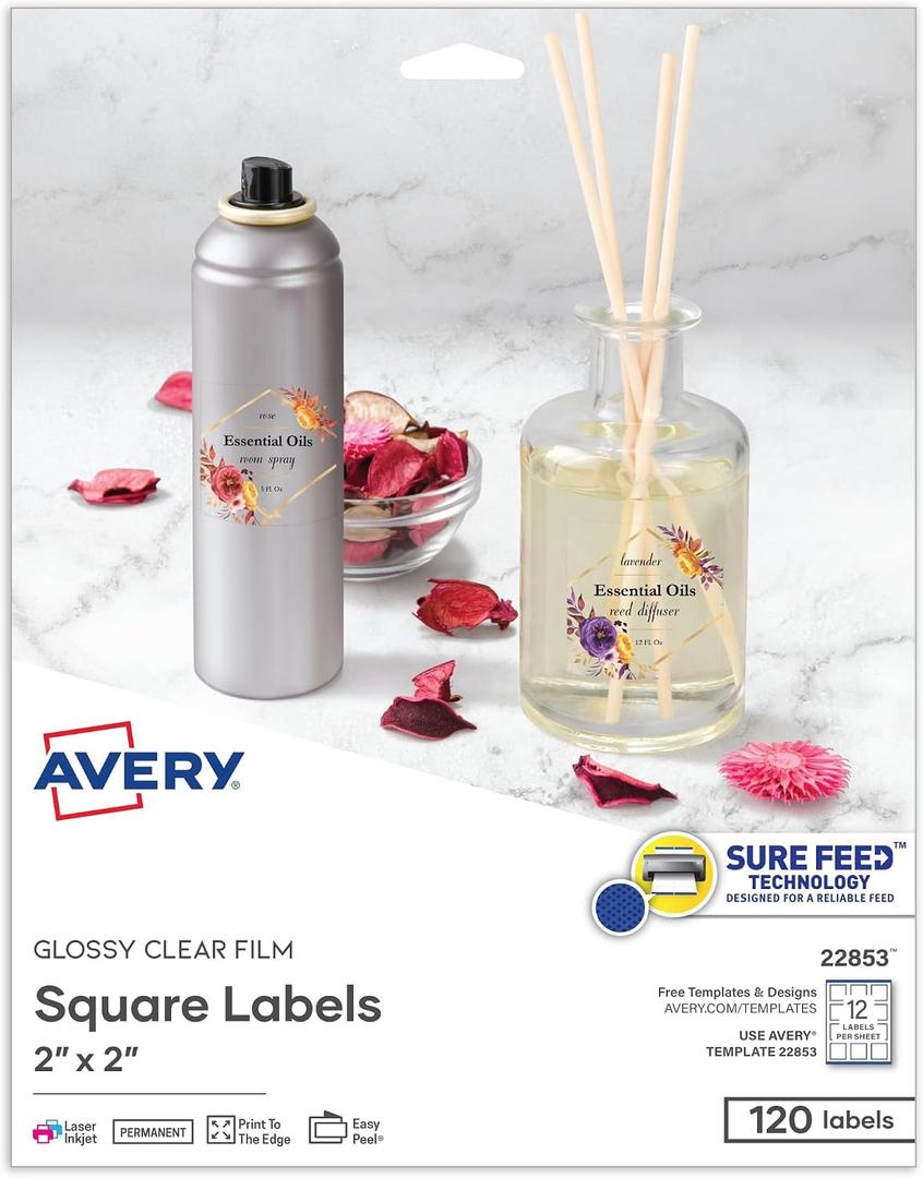 Avery Printable Blank Square Labels, 2" x 2", Glossy Crystal Clear, 120 Customizable Labels (22853)