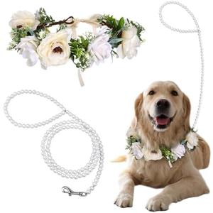 Haiabei Dog Flower Collar Wedding and Leash Set Pearls,Dog Wedding Flower Collar with Pearls Beaded Elegant Dog Flower Headband Pet Photo Prop for Wedding Adjustable Floral Collars Pet(Medium), White