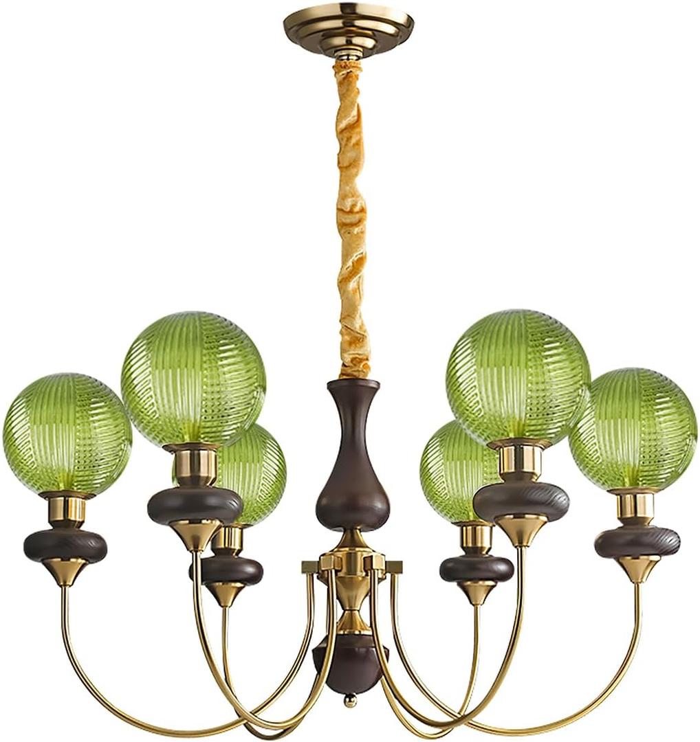 Art Deco Chandelier Green Glass Globe Chandelier 6-Light Gold Vintage Wood Pendant Light Fixtures Mid Century Ceiling Hanging Light for Living Room Bedroom Kitchen