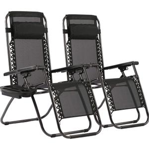 FDW Zero Gravity Lawn Lounge Chairs Set of 2 with Pillow and Cup Holder - Adjustable Reclining Folding Outdoor Chairs for Deck, Beach, Yard (Black)