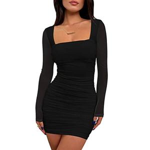 BORIFLORS Women's Sexy Ruched Bodycon Mini Dress Mesh Long Sleeve Club Party Short Dresses, X-Large, Black, Was used, Smell