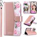 ULAK Compatible with iPhone 16 Pro Wallet Case with Card Holder, PU Leather Case with Kickstand Card Slots Wrist Strap, Durable Shockproof Protective Cover 6.3 Inch, Rose Pink Floral