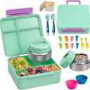 Bento Lunch Box with 9.5 oz Soup Thermo, Kids Leakproof 4 Compartments Bento Box with Silicone Cupcake,Fruit Fork,Spoon and Sauce Cup,Insulated Food Jar for School Travel-Green