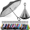 SIEPASA 49/56 Inch Inverted Reverse Upside Down Umbrella, Extra Large Double Canopy Vented Windproof Waterproof Stick Golf Umbrellas with C-shape Handle.(White Dots, 49 Inch)