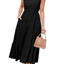 Simplee Women's Summer Casual Sleeveless Crewneck Sundress - A Line Flowy Tiered Midi Dress Long Beach Dresses with Pockets,  Medium, Black 