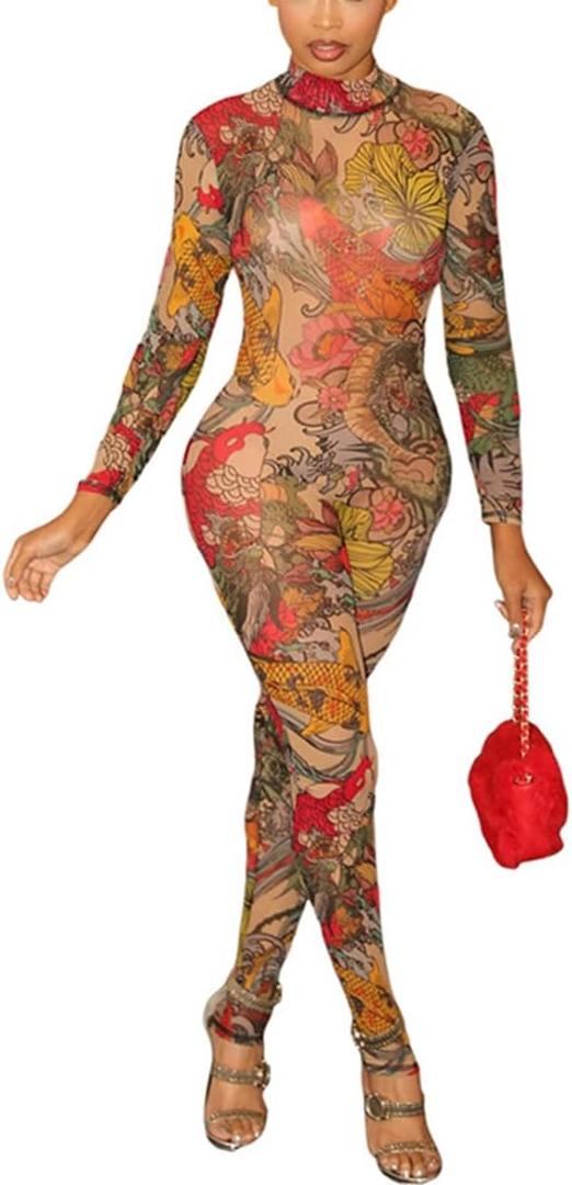 Wuitrie Sexy Mesh One Piece Jumpsuits for Women Long Sleeve See Through Printing Jumpsuit Tummy Control (Small, Red)