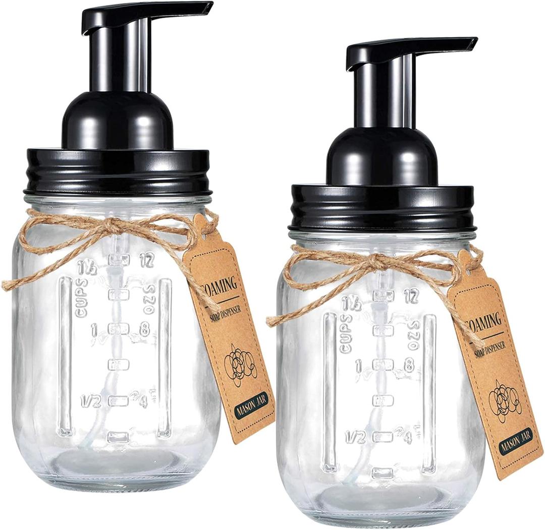 Amolliar Mason Jar Foaming Soap Dispenser, Plastic Pump Rustproof Stainless Steel Lid, Waterproof Label, Rustic Farmhouse Decor Hand Soap Dispenser, Dish Soap for Bathroom, Kitchen, Bath, Black 2 Pack