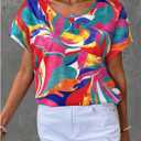 Women's Graphic Blouse Short Sleeve Crew Neck Dressy Shirt Tops (L)