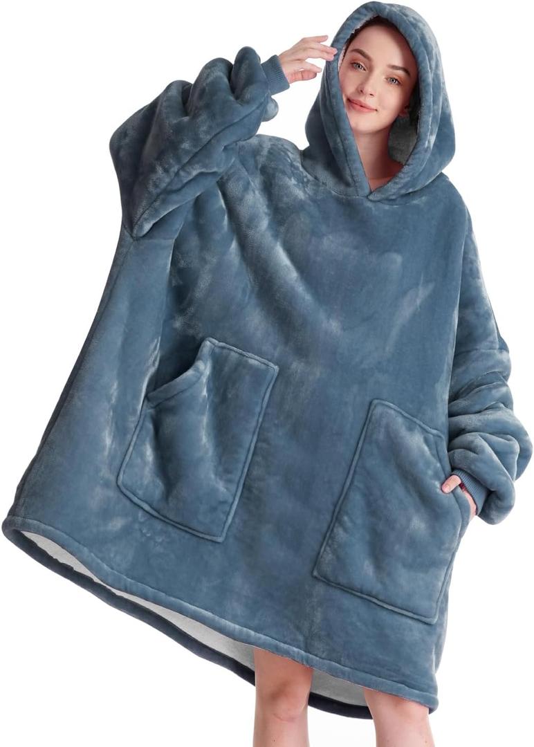 Aemicion Blanket Hoodie for Adults,Sherpa Soft Warm Thick Oversized Wearable Sweatshirt Hooded Blanket for Women Men-Blue Grey