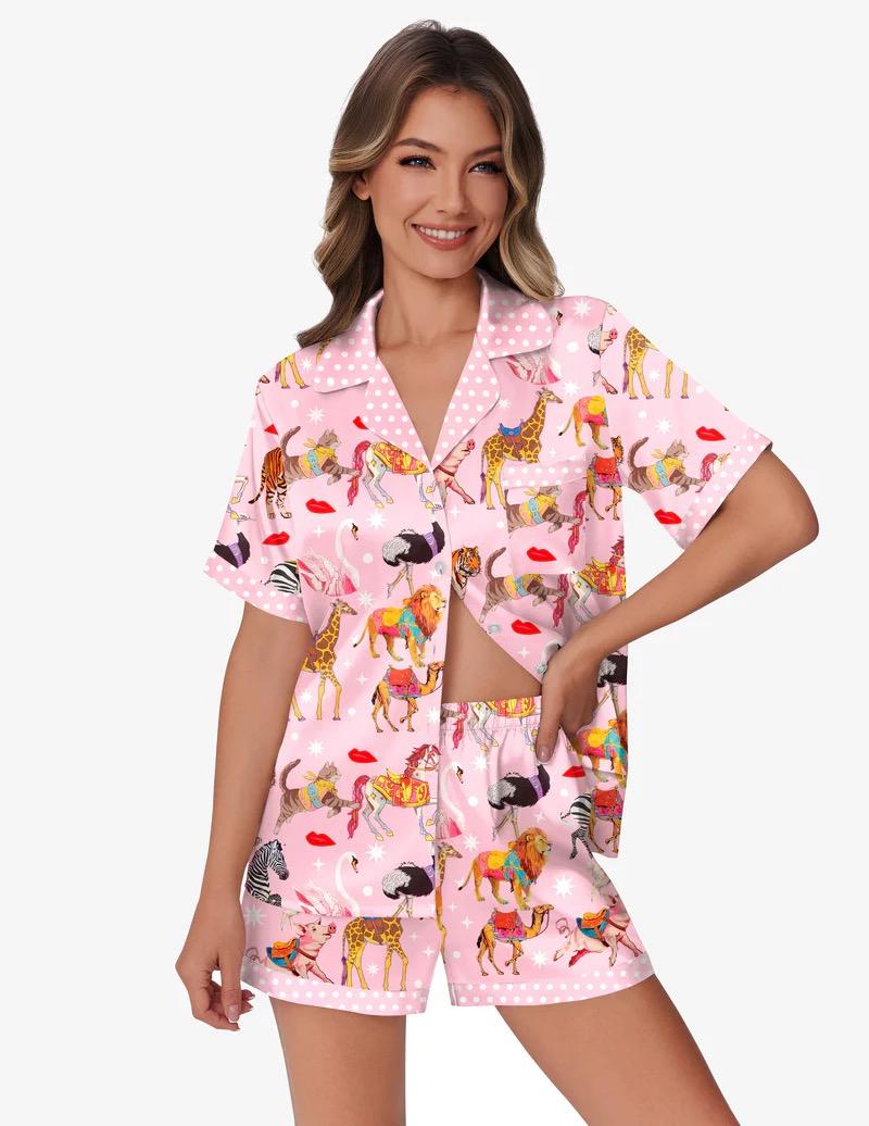 Ekouaer Womens Silk Satin Pajamas Set Animals Print Pjs Button Down Short Sleeve Lounge Set 2 Piece Sleepwear (Small, Black Leopard)