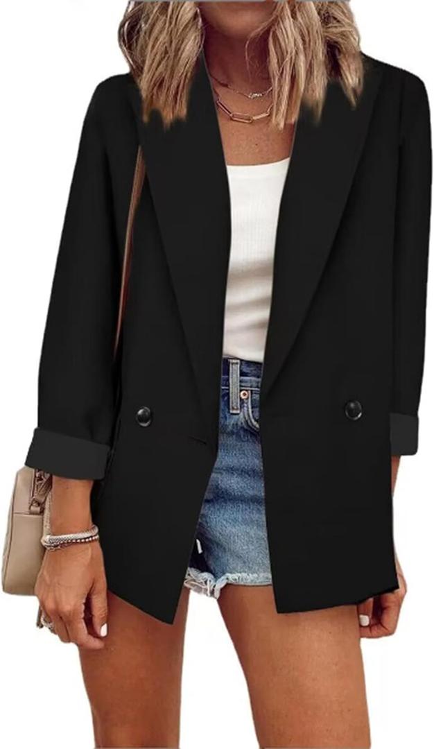 Womens Blazers for Work Casual, Open Front Long Sleeve Office Jacket, Professional Business Casual Cardigan for Women (Large, Black)