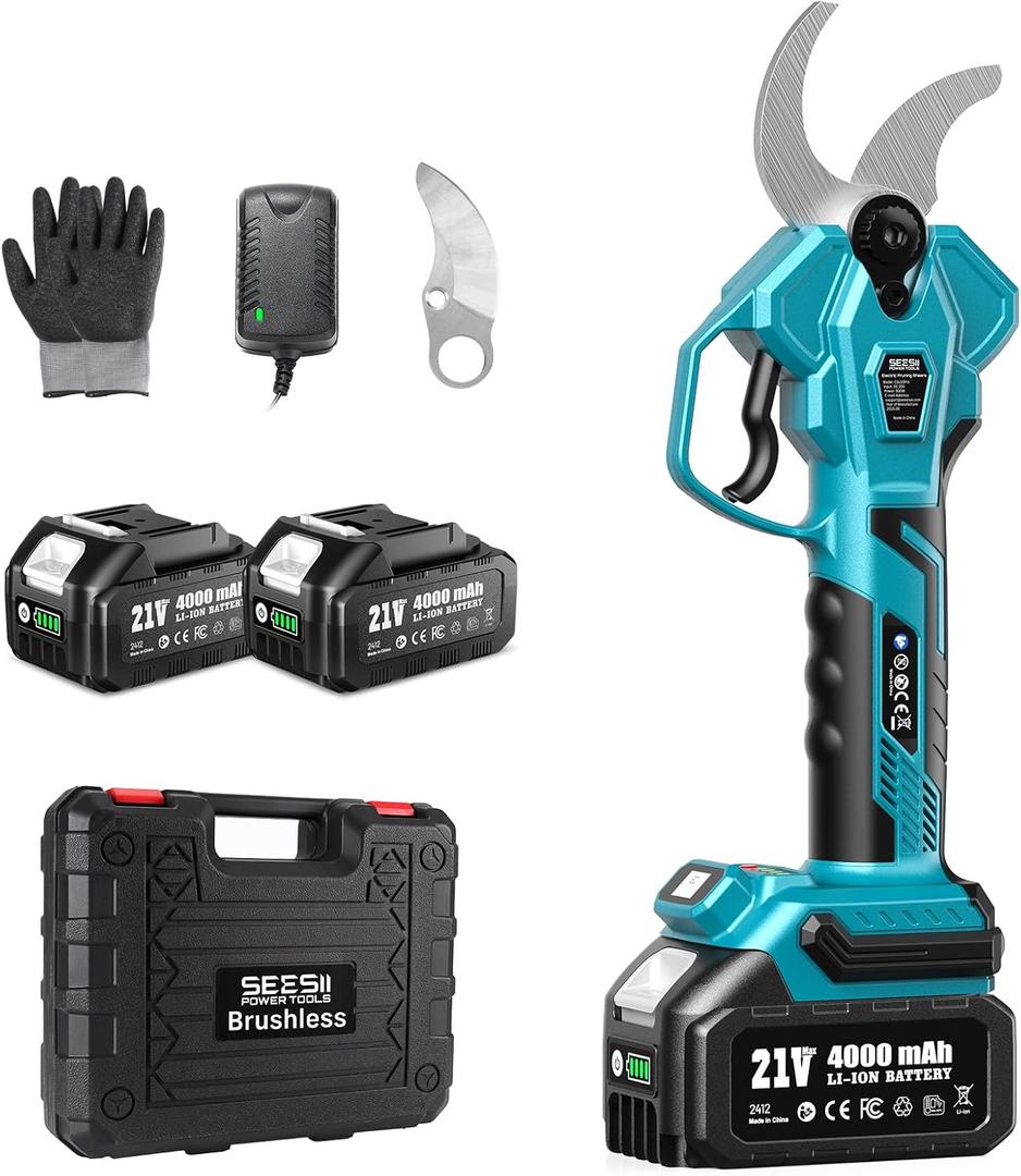 SEESII Electric Pruning Shears for Gardening: 1.8 Cutting Cordless Power Pruner - Brushless Motor, Dual 4.0Ah Battery, 4 Levels Adjustable Extra SK5 Blade Branches Cutter For Tree & Flower Trimming