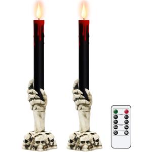 Halloween Black Flameless Taper Candles Flickering with Remote Timer, Battery Operated Led Taper Candle, 2 Pcs Drip Wax Candlesticks with Skull Hand Candle Holder for Halloween Decorations