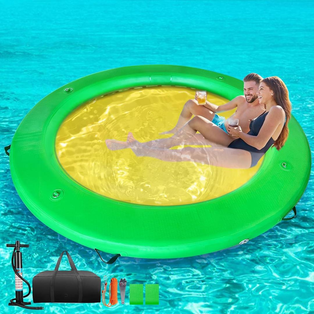 Water Hammock Inflatable Dock, 8ft Floating Raft Circular Water Island, Float Rings Air Mesh Platform for Lake/River/Swim Pool (Green)
